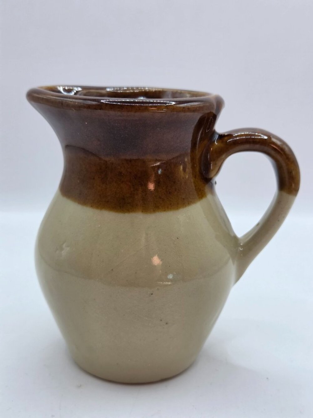 Vtg Stoneware Pitcher Jug Creamer Brown Beige Glazed Handle Farmhouse Country